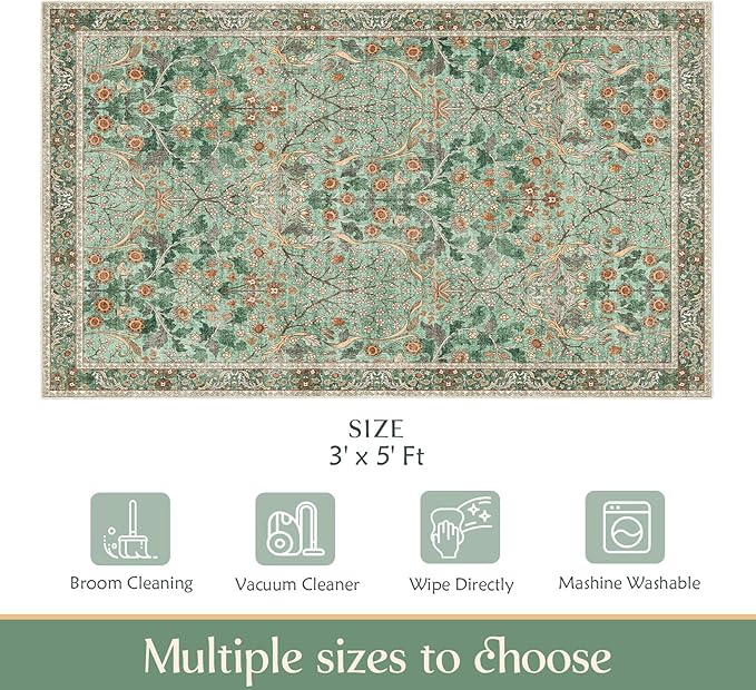 MUJOO 3x5 Green Rug Washable,Floral Area Rug for Bedroom Office Entryway Living Room Bedside,Small Throw Carpet Boho Non Slip Indoor Floor Botanical Vintage Ultra-Thin