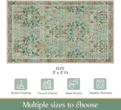 MUJOO 3x5 Green Rug Washable,Floral Area Rug for Bedroom Office Entryway Living Room Bedside,Small Throw Carpet Boho Non Slip Indoor Floor Botanical Vintage Ultra-Thin