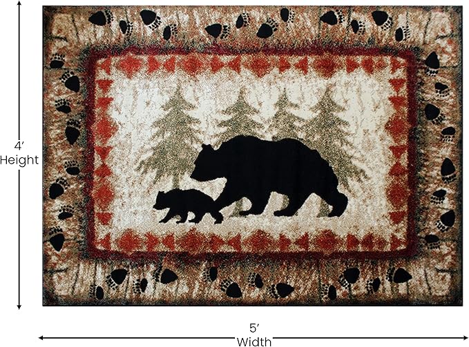 Masada Rugs, Cabin Lodge Area Rug Bear and Cub Scene (4 Feet X 5 Feet)