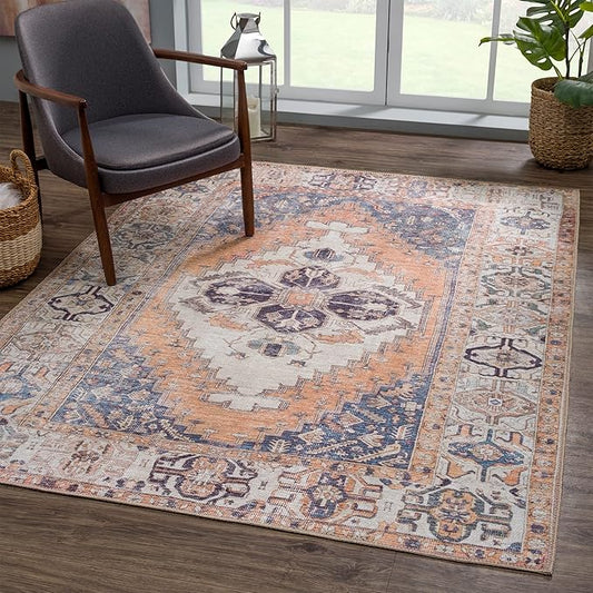 Bloom Rugs Washable 4' x 6' Rug - Orange/Blue/Beige Traditional Area Rug for Living Room, Bedroom, Dining Room, and Kitchen - Exact Size: 4' x 6'