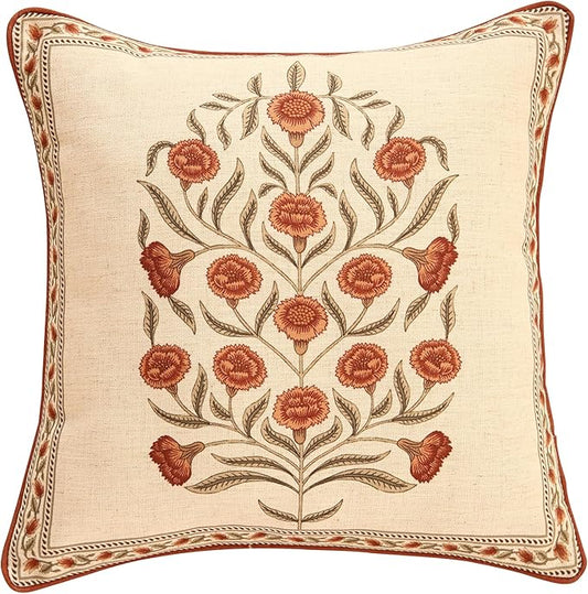 ISAENNE Design Linen Square Vintage Throw Pillow Covers 18"x18", Brick Red Cushion Covers with Orange Floral Green Leaves Pattern Decoration Pillowcases for Bed,Living Room,Outdoor,Car