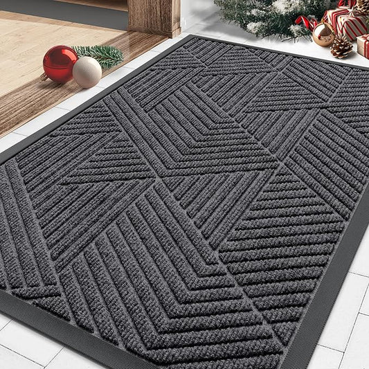 Smiry Front Door Mat Outside Entrance, Heavy Duty Sturdy Natural Rubber Doormat, Trap Dirt and Moisture, Easy Clean Low Profile Mats for Indoor Outdoor Entry, Irregular Triangle (29.5x17, Light Grey)