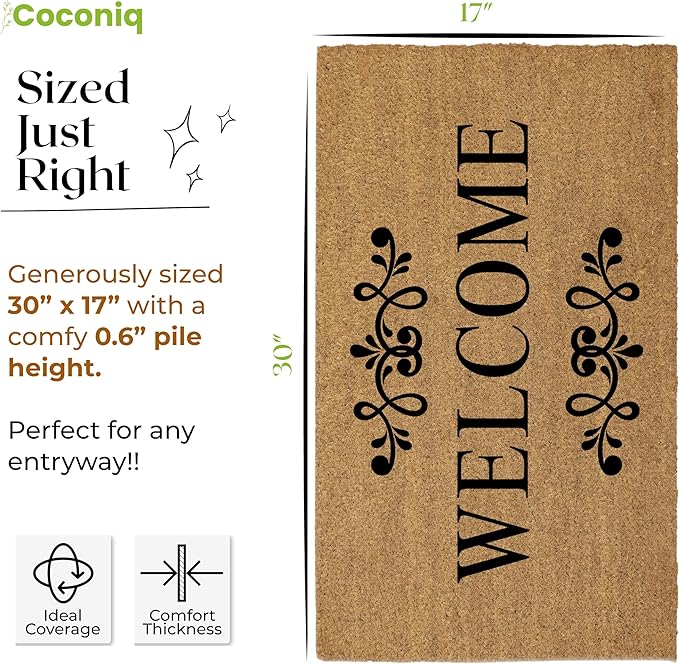 Coir Door Mats 17" X 30", Non-Slip Sturdy, PVC Backed Heavy Duty, Easy to Clean, Ideal for Door Entrance, Patio, Porch, Backyard, Garages, Welcome Floral Border
