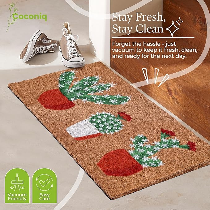 Coir Door Mats 17" X 30", Non-Slip Sturdy, PVC Backed Heavy Duty, Easy to Clean, Ideal for Door Entrance, Patio, Porch, Backyard, Garages, Sparkling Cactus