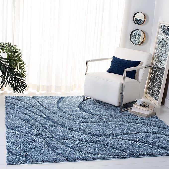 SAFAVIEH Florida Shag Collection Area Rug - 9' Square, Light Blue & Blue, Non-Shedding & Easy Cleaning, Plush Thick Pile, Ideal for Living Room, Bedroom, Dining Space (SG471-6065)
