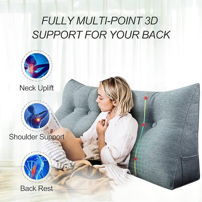 Wedge Headboard Pillow Dorm Room Reading Pillow Back Support for Sitting Up in Bed Bolster Lumbar Cushion Body Positioning Bedrest Gifts for Mom Cotton Linen 59in Gray Queen