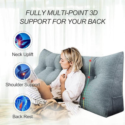 Wedge Headboard Pillow Dorm Room Reading Pillow Back Support for Sitting Up in Bed Bolster Lumbar Cushion Body Positioning Bedrest Cotton Linen 54in Gray Full