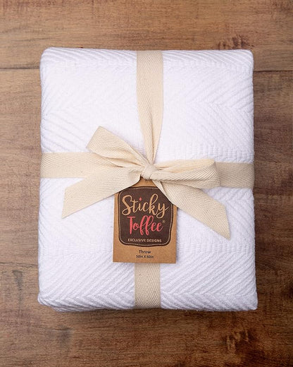 Sticky Toffee Cotton Throw Blanket 60x50 in – Woven Lightweight White Blanket for Couch or Bed, Soft Herringbone Weave, Boho Farmhouse Style