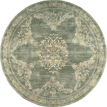 jinchan Round Rug 6ft Area Rugs Vintage Floral Distressed Design Machine Washable Soft Non-Slip Low-Pile Ultra-Thin Christmas Circle Rug for Living Room Dining Room Bedroom (6' Round, Dark Green)
