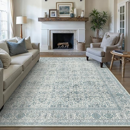 Vintage Area Rug 8x10 Blue Washable Living Room Large Carpet Non Slip Bedroom Indoor Office Low Pile Traditional Distressed Retro Accent Rug for Dining Room