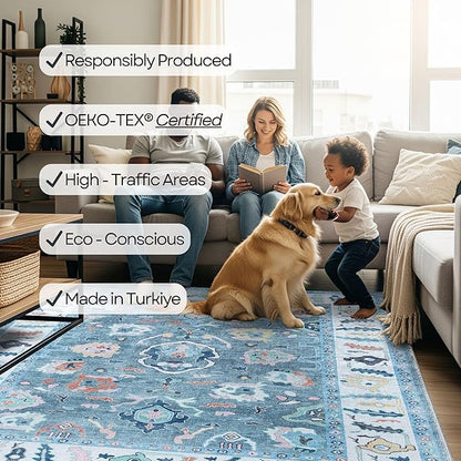 Fame Rugs Teal Modern Oushak Rug 2'6"x10, Vintage Turkish Colorful Oriental Antique Inspired Foldable Long Washable Runner Rugs, Luxury Living Room Bedroom (995T, 2'6" x 10')