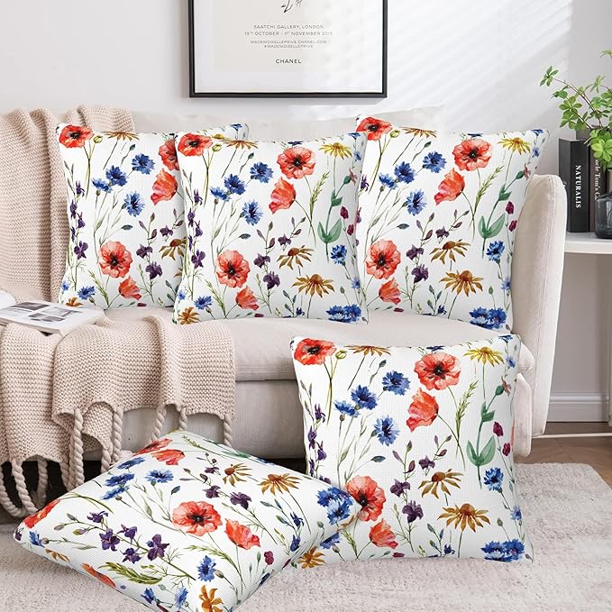 Wildflowers Throw Pillow Covers Set of 2 Watercolor Poppy Pillow Covers 20x20 Inch Modern Farmhouse Home Decorative Pillow Cases Cushion Cover for Sofa Living Room Office