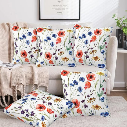 Wildflowers Throw Pillow Covers Set of 2 Watercolor Poppy Pillow Covers 20x20 Inch Modern Farmhouse Home Decorative Pillow Cases Cushion Cover for Sofa Living Room Office