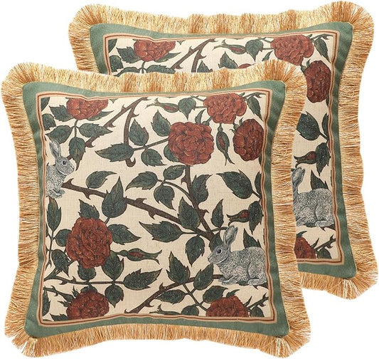 patdrea Designer Throw Pillow Covers Set of 2,French Elegant Green Linen with Rose and Animal Floral Pattern Pillow Covers,Decorative Square Pillowcases Cushion for Bed Living Room Outdoor,18"x18"