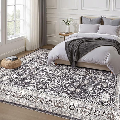 Black Rug Living Room Rugs: 8x10 Washable Boho Large Vintage Moody Soft Distressed Oriental Stain Resistant Non-Slip Indoor Floor Carpet for Bedroom Playroom Office Dining Room Retro Home House