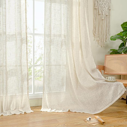 LAMIT Natural Linen Semi Sheer Window Curtains 54 Inch, Light Filtering Neutral Bedroom Curtains Farmhouse Boho Back Tab and Rod Pocket Panels, Cream Ivory, 2 Panels, 52 x 54 Inch