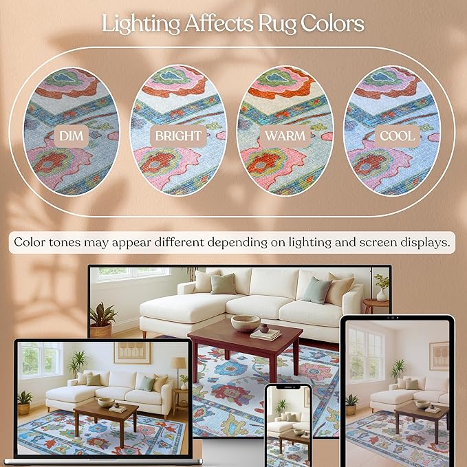 Fame Living Oushak Rug, Colorful Vintage Eclectic Turkish Floral Pastel Large Oversized Area Rugs for Living Room Dining Bedroom Kitchen Bathroom 2'x3'