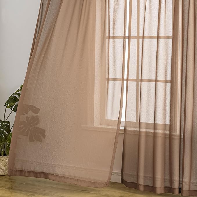 Pinch Pleat Mocha Sheer Curtains 90 Inch Length for Bedroom Soft Touch Light Filtering Lightweight Pleated Drapes with Adjustable Hooks for Living Room, Mocha Moose, 42" W x 90" L, 2 Panels