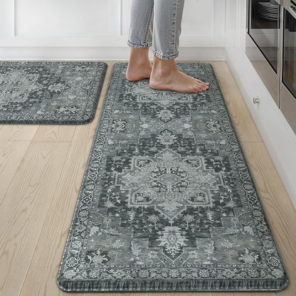 GENIMO Kitchen Mats for Floor 2PCs, Washable Anti Fatigue Mat for Cushioned, 17.3"x47"+17.3"x30", Waterproof Kitchen Rugs, Non Slip Comfort Standing Mat Rug for Home, Sink, Laundry, Dark Gray