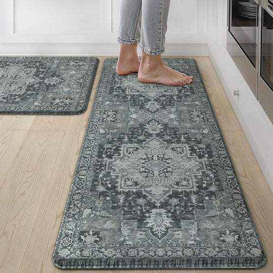 GENIMO Kitchen Mats for Floor 2PCs, Washable Anti Fatigue Mat for Cushioned, 17.3"x47"+17.3"x30", Waterproof Kitchen Rugs, Non Slip Comfort Standing Mat Rug for Home, Sink, Laundry, Dark Gray