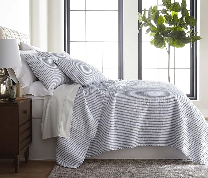 Levtex Home Tobago Stripe Blue Reversible Full/Queen Quilt Set (88x92in) and 2 Pillow Shams (26x20in) - Striped - Blue, White - Cotton Full/Queen Size Quilt Bedding Set - Lightweight, Soft, Pre-Washed