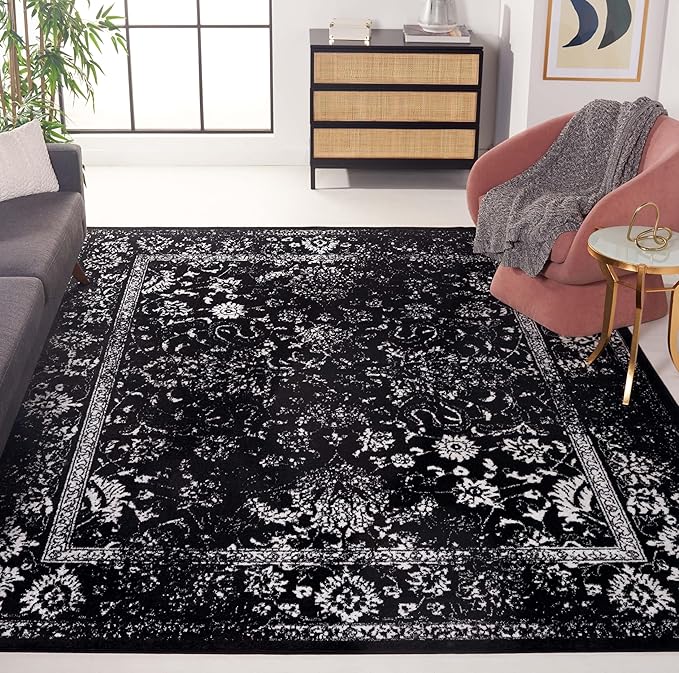SAFAVIEH Area Rug 6x9 - Adirondack Collection - Black & Ivory, Distressed Vintage Floral Design, Non-Shedding & Easy to Clean, Ideal for Living Room, Bedroom, Dining Space (ADR109Z)