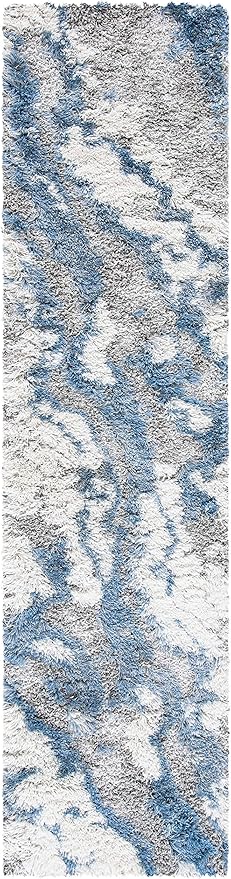 SAFAVIEH Horizon Shag Collection Runner Rug - 2' x 8', Grey & Blue, Modern Abstract Design, Non-Shedding & Easy Care, 2-inch Thick Ideal for High Traffic Areas in Living Room, Bedroom (HZN890G)