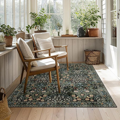 MUJOO 3x5 Rug Washable,Floral Area Rug for Bedroom Office Entryway Living Room Bedside,Small Throw Carpet Boho Non Slip Indoor Floor Botanical Vintage Ultra-Thin Black and Green