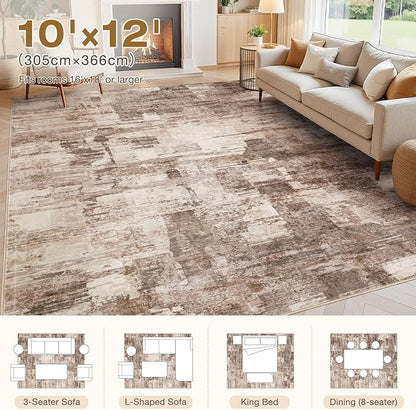 Abstract Living Room Rug 10x12 - Modern Washable Soft Thin Area Rug for Living Room Bedroom Under Dining Table - Neutral Indoor Floor Rug Carpets for Home Office Playroom Nursery - Brown
