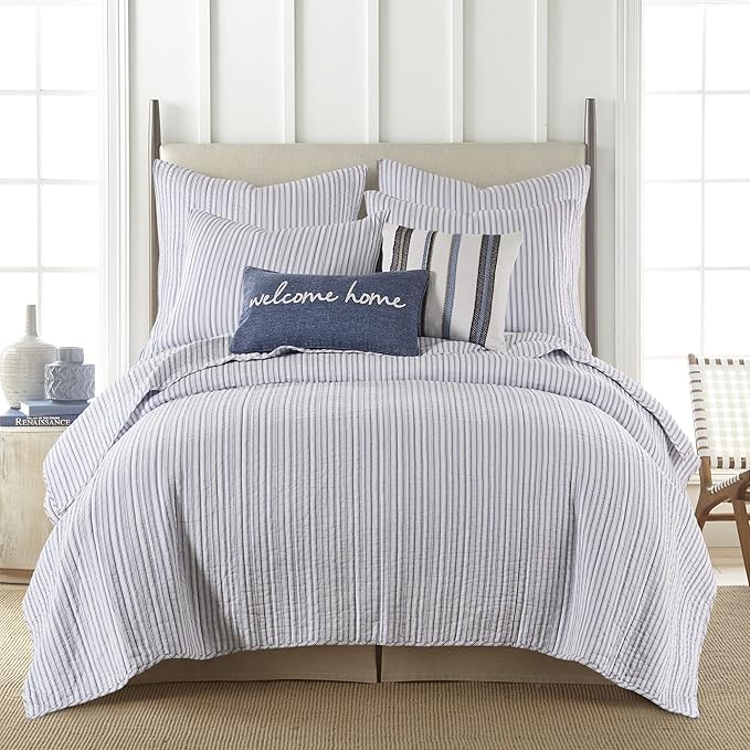 Levtex Home Tobago Stripe Blue Reversible Full/Queen Quilt Set (88x92in) and 2 Pillow Shams (26x20in) - Striped - Blue, White - Cotton Full/Queen Size Quilt Bedding Set - Lightweight, Soft, Pre-Washed