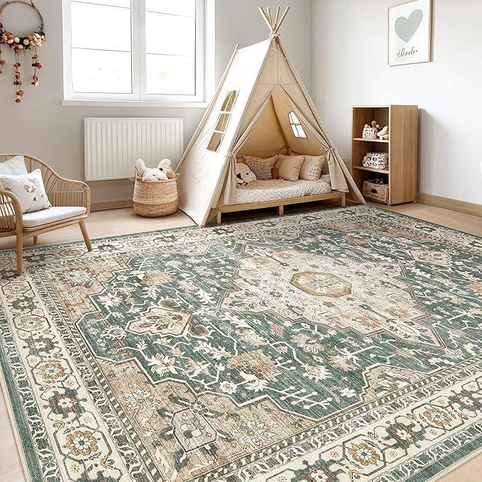 Green Rug Living Room Rugs: 7x10 Washable Boho Large Vintage Soft Stain Resistant Farmhouse Oriental Non Slip Indoor Floor Carpet for Bedroom Nursery Kids Playroom Office Dining Room Home Decor