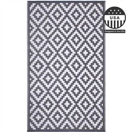 FH Home Outdoor Rug - Waterproof, Fade Resistant, Reversible - Premium Recycled Plastic - Geometric - Large Patio, Deck, Sunroom, Camping, RV - Aztec - Gray & White Crease Free - 6 x 9 ft