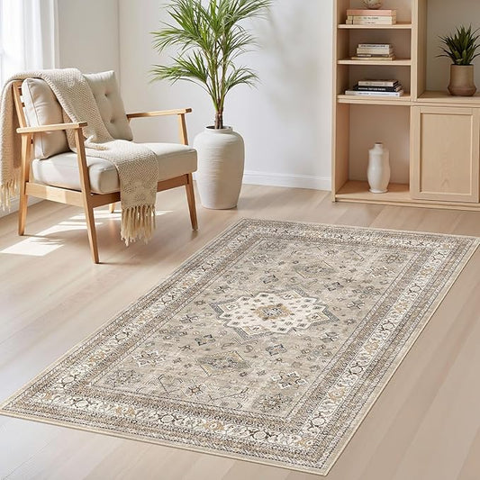 Vintage Living Room Area Rug 3x5 - Large Soft Washable Oriental Traditional Distressed Farmhouse Rugs for Bedroom - Indoor Floor Accent Carpet for Home Office House Decor - Beige