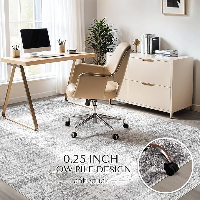 Abstract Living Room Rug 10x14 - Modern Washable Soft Thin Area Rug for Living Room Bedroom Under Dining Table - Neutral Indoor Floor Rug Carpets for Home Office Playroom Nursery - Grey White