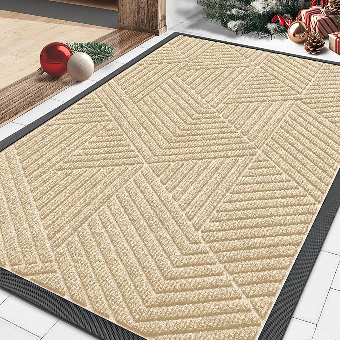 Smiry Front Door Mat Outside Entrance, Heavy Duty Sturdy Natural Rubber Doormat, Trap Dirt and Moisture, Easy Clean Low Profile Mats for Indoor Outdoor Entry, Irregular Triangle (29.5x17, Beige)