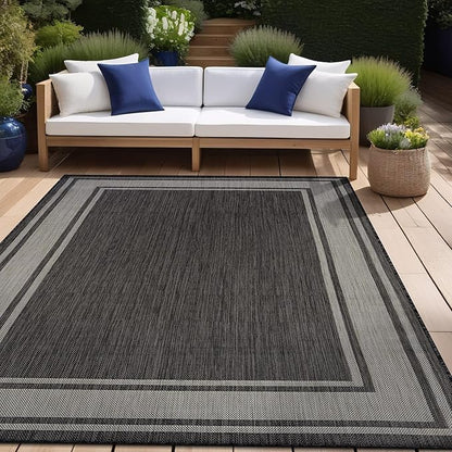 Beverly Rug Large Outdoor Rug 10x14 Modern Bordered Area Rugs for Indoor and Outdoor Patio Deck Porch Garden Waterproof Weather Sun Resistant Washable Outside Carpet (10 x 14 Dark Gray)