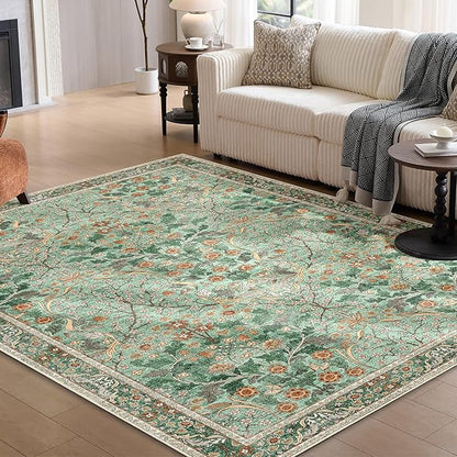 MUJOO Green 5x7 Area Rugs,Floral Washable Rug for Living Room Bedroom Office Dining Room,Large Throw Carpet,Boho Non Slip Indoor Floor Big Soft Botanical Vintage Ultra-Thin