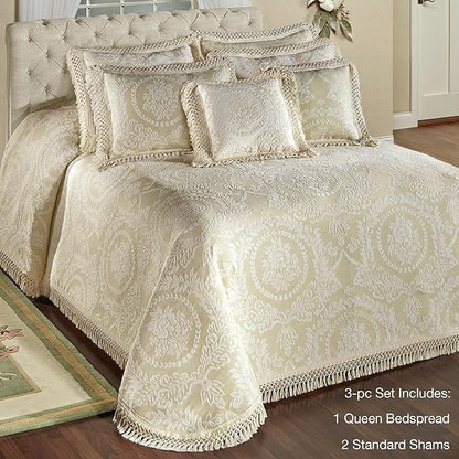 Timeless Vintage Style Bedding with Fringe Edges | Neutral Sage and Ecru | Textured Matelasse Rose Medallions and Leaves | 3-Pc Lightweight Bed Set: Oversized Queen Bedspread & 2 Standard Pillow Shams