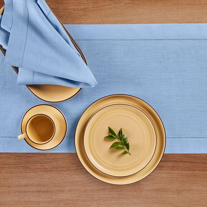 Solino Home Linen Cornflower Blue Hemstitch Table Runner 60 Inches - 100% Pure Linen Table Runner 14 x 60 Inch Ideal for Dresser and Coffee Tables - Classic Hemstitch - Christmas, Holiday, New Year