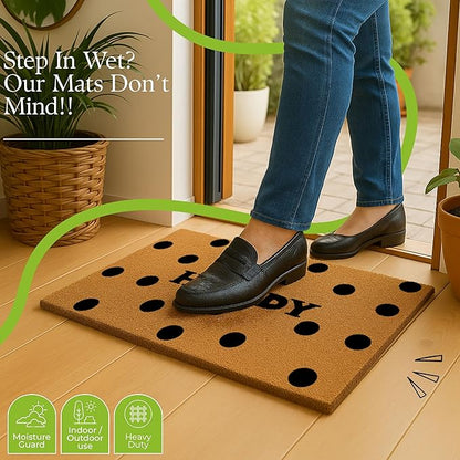 Coir Door Mats 17" X 30", Non-Slip Sturdy, PVC Backed Heavy Duty, Easy to Clean, Ideal for Door Entrance, Patio, Porch, Backyard, Garages, Howdy Black Circles
