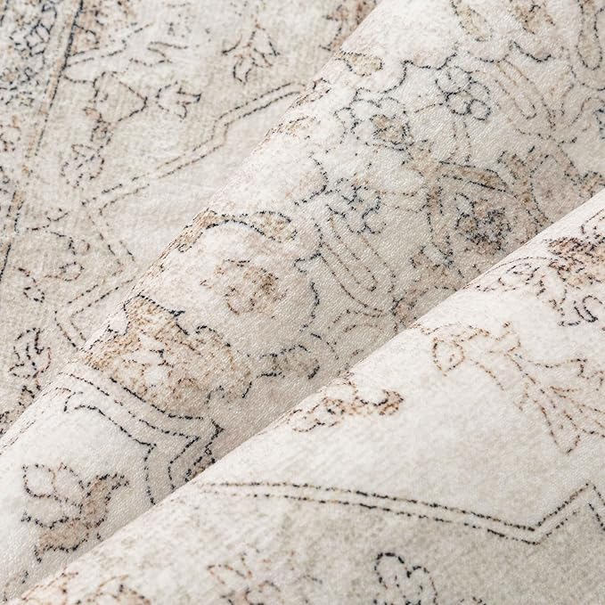 Beige Runner Rug 2x7 Washable Vintage Carpet Hallway Kitchen Soft Retro Low Pile Thin Indoor Bedroom Non Slip Oriental Medallion Long Throw Rug for Bathroom Laundry Dining Room