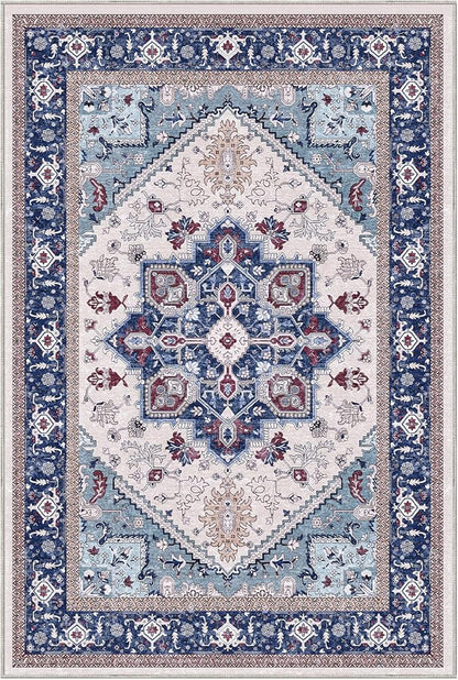 OPPODREAM Thin Area Rugs 5x7, 5x7 Washable Rug with Non Slip Backing, 5 x 7 Faux Cashmere Low-Pile Carpet, Navy Blue & Red & Cream