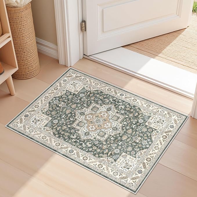 Vintage Entryway Area Rug 2x3 - Large Soft Washable Oriental Traditional Distressed Farmhouse Rugs for Bedroom - Indoor Floor Accent Carpet for Home Office House Decor - Vintage Green