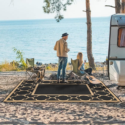 GENIMO Outdoor Rug 8' x 10' Patio Waterproof, Foldable Reversible Plastic Straw Area Rugs Mat for Camper Decor, Outside Carpet for Rv, Deck, Porch, Picnic, Beach, Balcony, Black & Brown