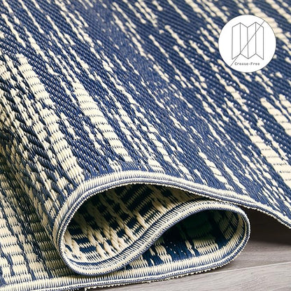 Fab Habitat Abstract Distressed Stripes Outdoor Rug - Waterproof, Fade Resistant, Crease-Free, Reversible - Premium Recycled Plastic - Patio Porch Balcony Deck - Brooklyn Blue - 8x10 ft