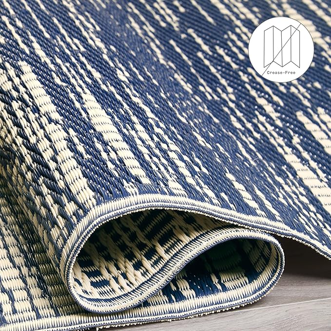 Fab Habitat Outdoor Rug - Waterproof, Fade Resistant, Crease-Free, Reversible - Premium Recycled Plastic - Distressed Abstract Stripes - Patio, Porch, Deck, Balcony - Brooklyn - Blue - 5 x 8 ft