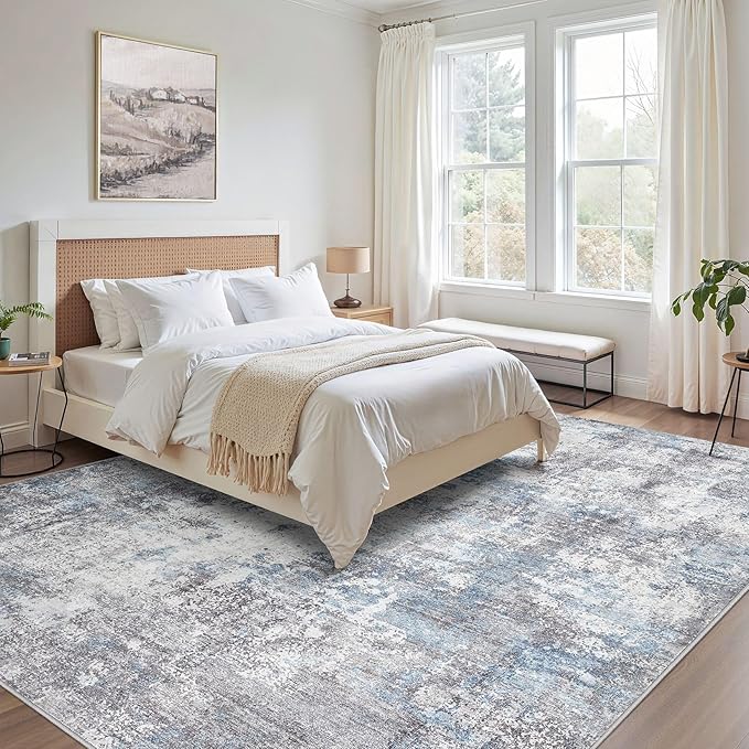 Washable 9X12 Area Rug: Modern Abstract Soft Non-Slip Indoor Rugs Home Decor - Low Pile Stain Resistant Carpet for Living Room Bedroom Dining Room Playroom Office(Blue Grey,9'x12')
