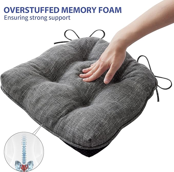 Chair Cushions for Dining Chairs Set of 6, Kitchen Chair Cushions, Chair Pads with Ties and Non Slip Backing, Tufted Memory Foam Seat Cushion 6 Pack, 15.5" x 15.5" x 4", Dark Gray