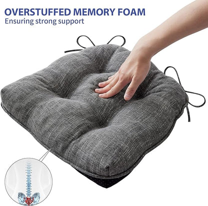 Chair Cushions for Dining Chairs Set of 6, Kitchen Chair Cushions, Chair Pads with Ties and Non Slip Backing, Tufted Memory Foam Seat Cushion 6 Pack, 15.5" x 15.5" x 4", Dark Gray
