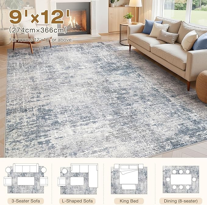 Abstract Living Room Rug 9x12 - Modern Washable Soft Thin Area Rug for Living Room Bedroom Under Dining Table - Neutral Indoor Floor Rug Carpets for Home Office Playroom Nursery - Blue Grey